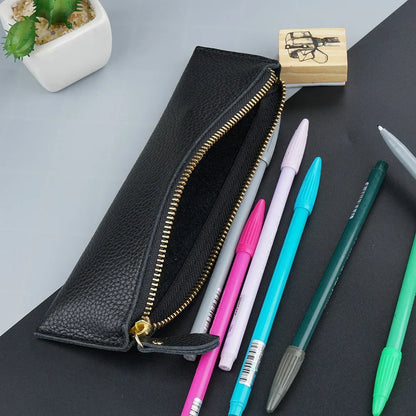 Aichashi BACK TO SCHOOL Natural Leather Zipper Pen Pencil Case Bag Pebbled Grain Leather Creative School Stationary Large Capacity Accessories Pen Pouch