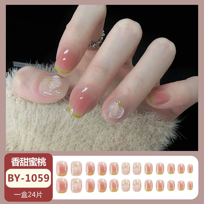 24PCS Camellia False Nails French Pearl Butterfly Design Fake Nail Patch Sweet Style Girl Women Press on Nail Tips Wholesale