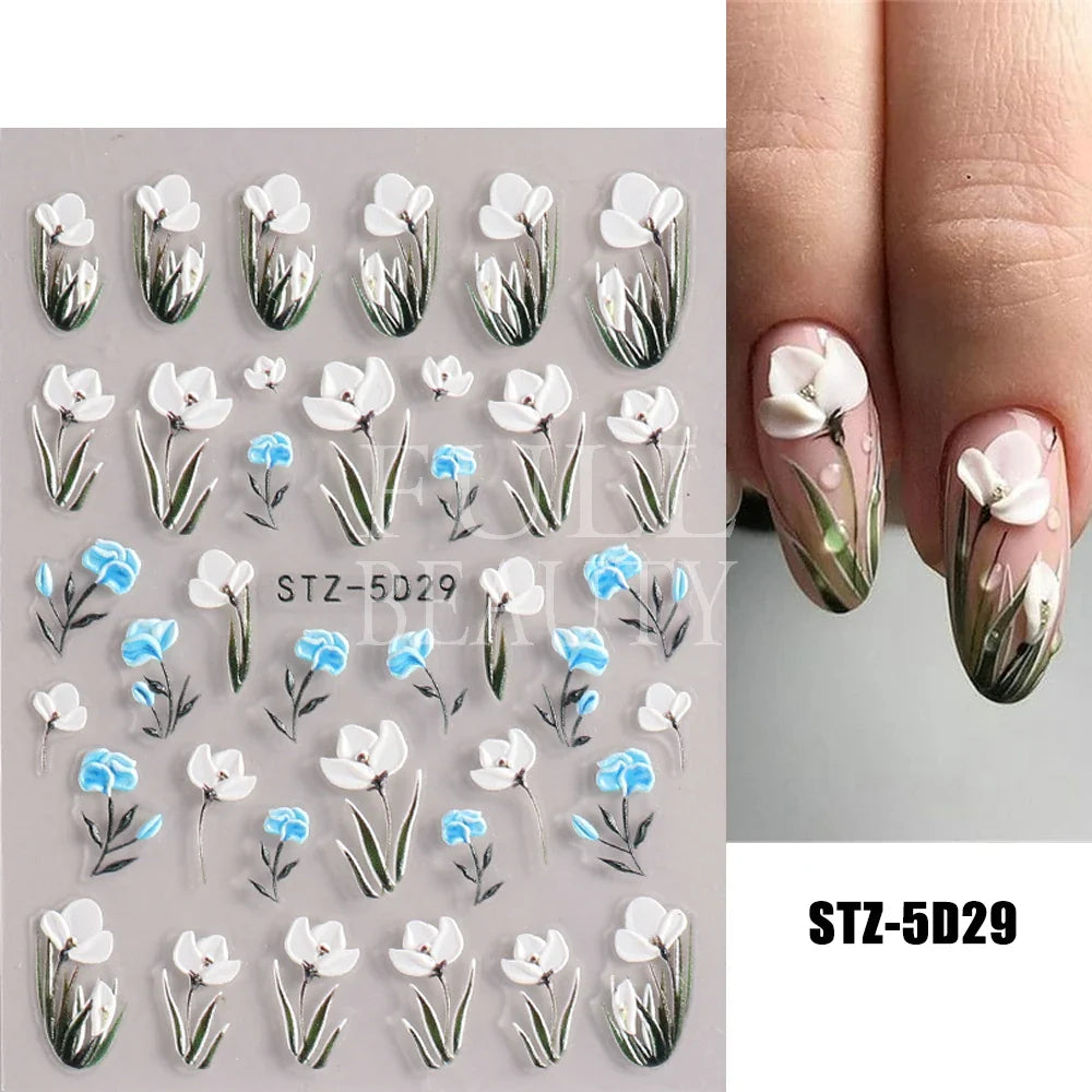 Aichashi 5D Embossed Nail Stickers Flowers Bird Geometric Lines Gold Frame Floral Nail Decals Cherry Blossom Y2K Manicure Decor