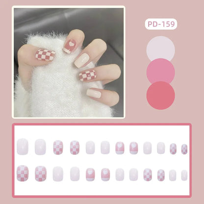 24Pcs Fashion Fake Nails Press on Nail Cute Bear Milk Tea Color Chessboard Grid Pattern Artificial nail Tips with Jelly glue