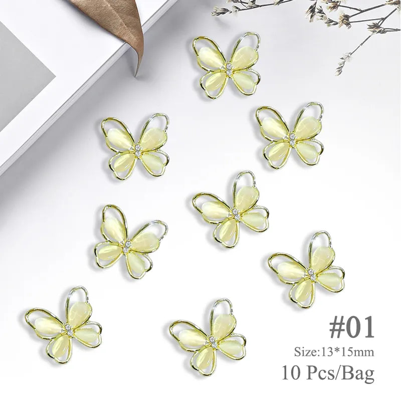 Aichashi 10pcs/bag Butterfly Shaped Nail Rhinestone Star Flower Nail Charm Silver Gold Alloy Nail Pearl Jewelry Accessories Nail Supplies