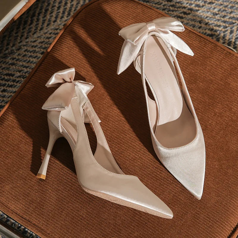 aichashi  -  Slimming Shoes Casual Heels Shallow Mouth Sandals Ladies Pointed Pumps Hollow 2024 All-Match Comfortable Beige African Bow Toe S