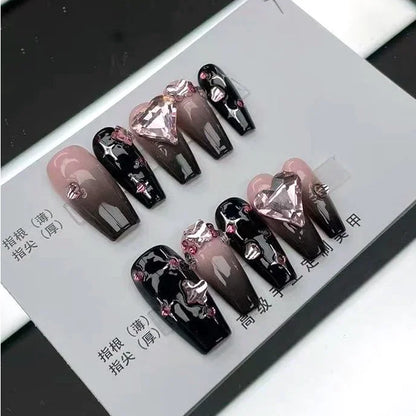 Black Pink Handmade Wearable Nail Pink Ink Y2K Fake Nails Spice Girls Dazzle Cool Style Nail Patch Wearable Nail Removable