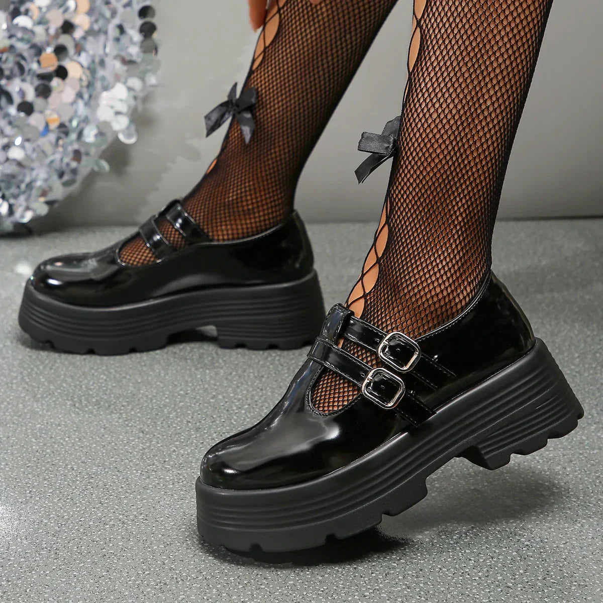 Aichashi Chunky Platform Mary Jane Shoes Women Patent Leather Double Buckle Strap Pumps Woman Black White Thick High Heels Lolita Shoes