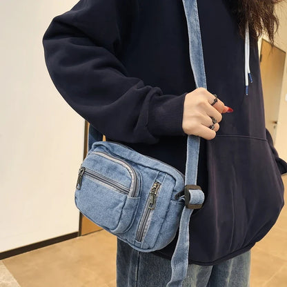 Aichashi Classic Denim Multi Pocket Casual Small Shoulder Bag With Adjustable Shoulder Straps Zero Wallet Solid Color Fun Crossbody Bag