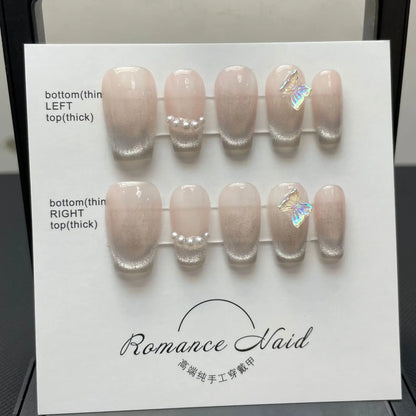 10pcs wearable Icy Rouge nude natural clear manual light therapy Handmade press on nails ballet acrylic false nails with glue