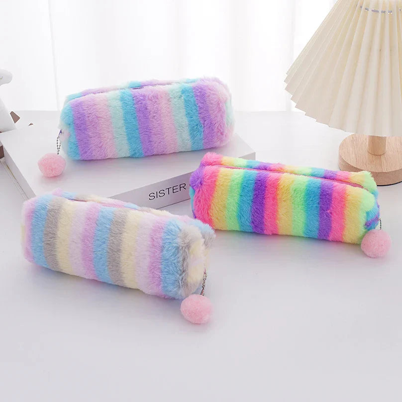 Aichashi BACK TO SCHOOL Rainbow Pencil Case Plush Estuches Escolares Pencilcase Gradient Color Large Capacity Kalemlik School Supplies Pencil Pouch