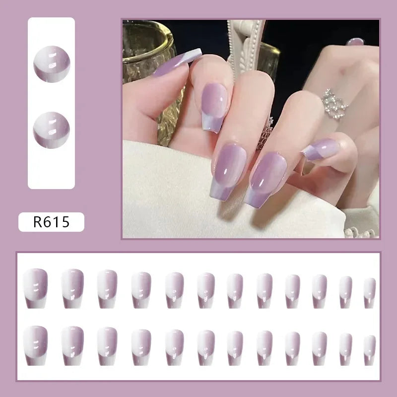 24Pcs Almond False Nails With Tools Cute Heart Strawberry Chili Design French Checkerboard ABS Press On Nails Fake Tips Wearable