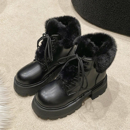 aichashi  -  Winter Fluffy Fur Women Snow Boots Fashion Lace Up Short Booties Comfort Thick Heels Ladies Shoes