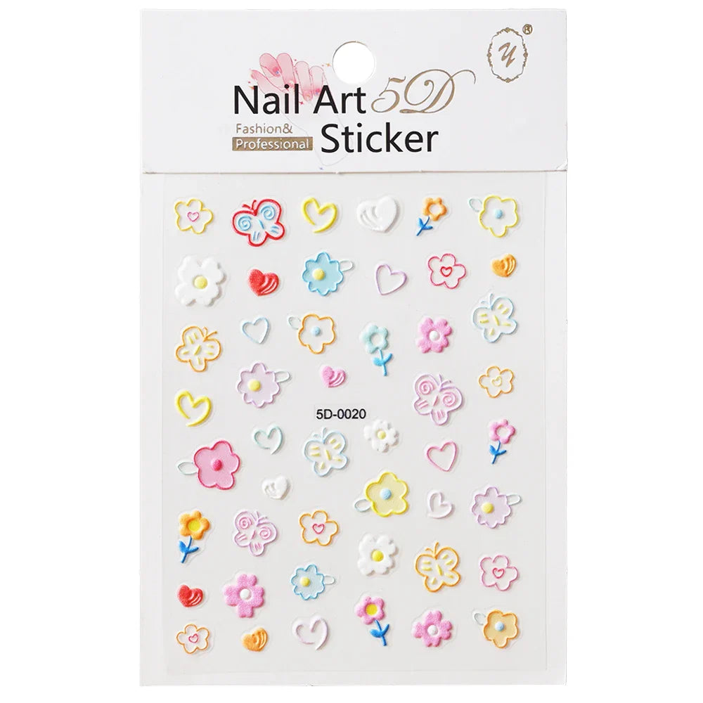 1PC 5D Macaron Flower/Fruit Nail Charms Sticker Embossed Bear/Rabbit/Letter Nails Slider Decals Summer Adhesive Manicure Decor&Y