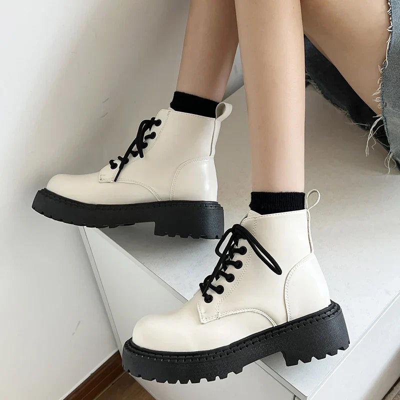 Aichashi Chunky Platform Combat Boots for Women Autumn Winter PU Leather Ankle Booties Women Punk Thick Bottom Non Slip Motorcycle Boots