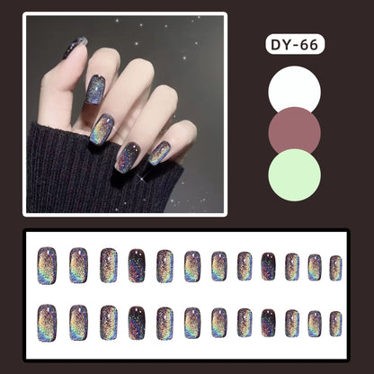 Aichashi 24pcs Cat Eye False Nail Deep Blue Color Fake Nail Tips Full Cover Nail Art Long Coffin Ballet Press on Nail Manicure Nail Tips