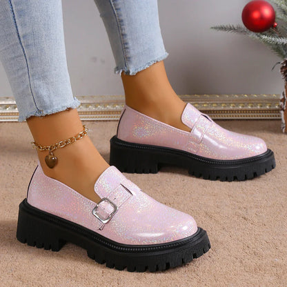 Aichashi 2024 Spring Fashion Laser Loafers for Women Platform Metal Buckle Flat Shoes Woman Round Toe Slip On Casual Shoes Zapatas Mujer