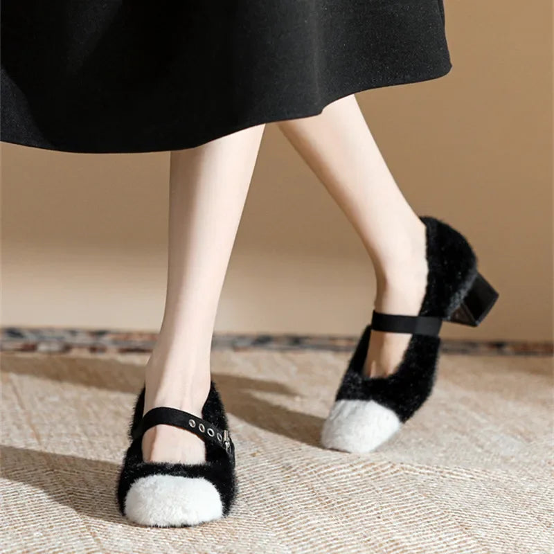 aichashi  -  Fashion Furry Mary Jane Shoes Women Winter Cute Warm High Heels Square Heel Belt Buckle Design Women Pumps Zapatos De Mujer