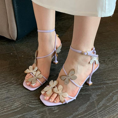 Aichashi Butterfly Purple High Heeled Sandals Women Summer Casual Square Toe Sandals Woman Thin Heels Ankle Straps Party Shoes