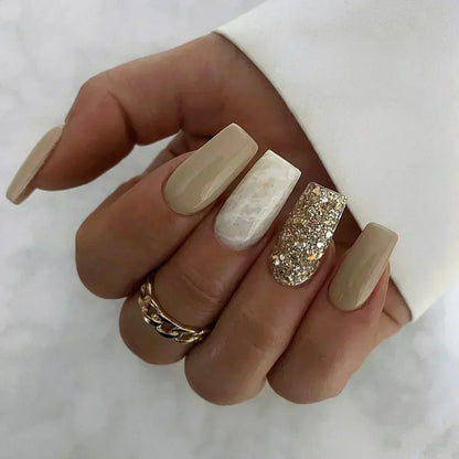 Black Lines White Beveled Edge French Long Square Fake Nails Fashion Detachable Finished False Nails Press on Nails with Glue