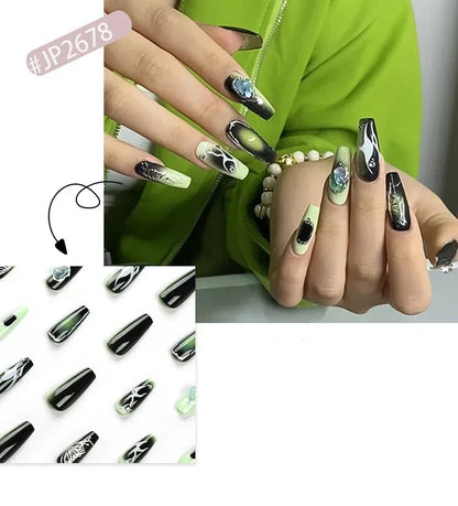 Aichashi 24PCS Long Ballet French Nail Art Fake Nails y2k Press On Black Green Gradient Nail Tips False Nails With Diamond Decoration