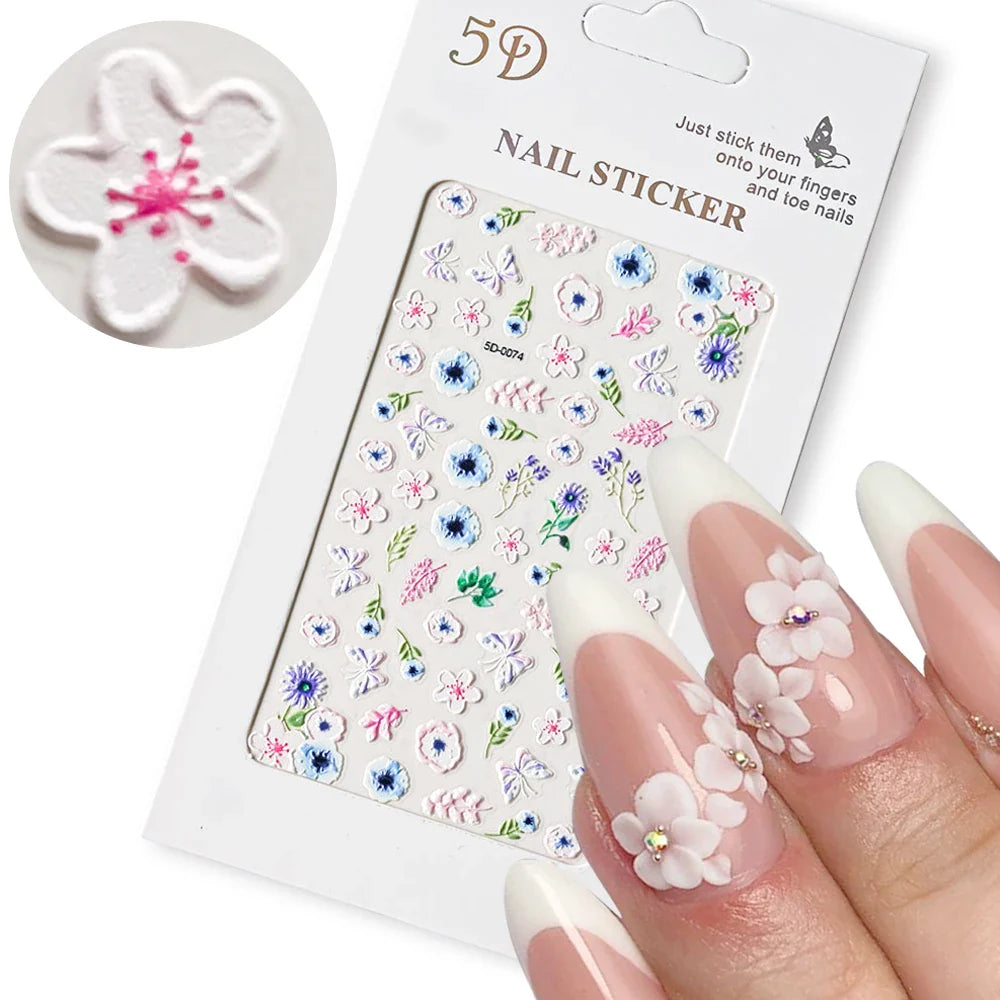 1PC 5D Macaron Flower/Fruit Nail Charms Sticker Embossed Bear/Rabbit/Letter Nails Slider Decals Summer Adhesive Manicure Decor&Y