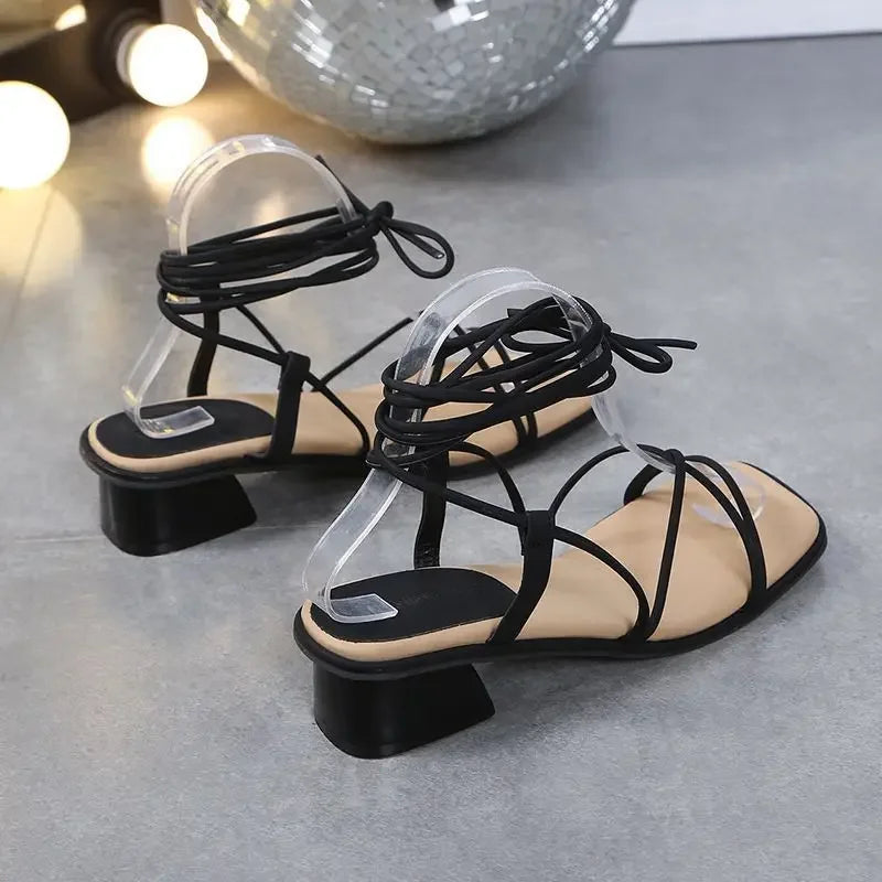 Aichashi 2024 New Women's Summer High Heel Sandals Roman Style Thin Strap Thick Platform Square Head Sandals