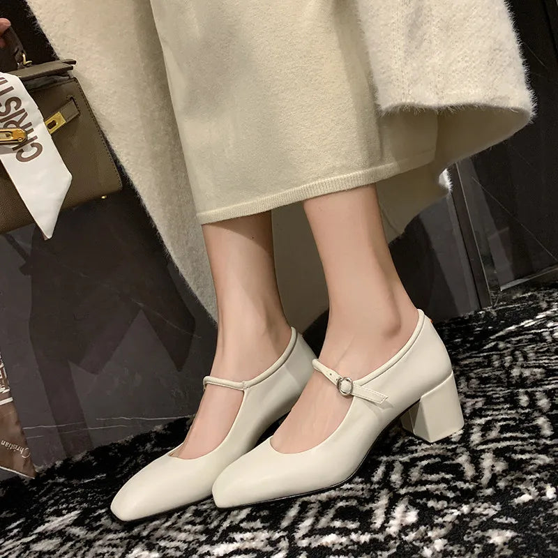 Aichashi Fashion Pumps New High Quality Genuine Leather Vintage Mary Jane Shoes Square Toe High Heels Flat Shoes Lightweight Shoes