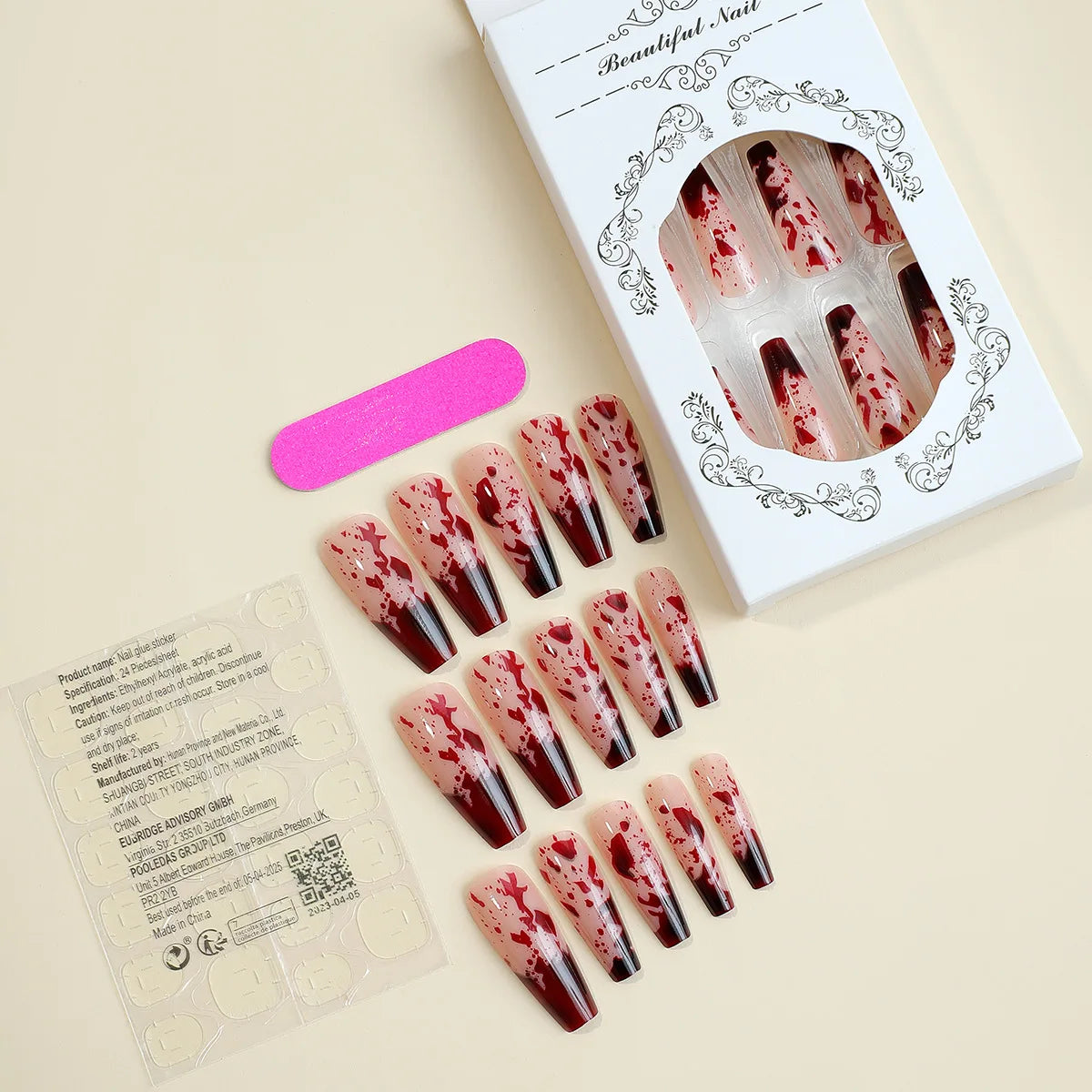 Aichashi Halloween Red Bloodstain False Nails Long Coffin Ballet Full Cover Press on Nails Detchable Full Cover Fake Nail Patches 24pcs