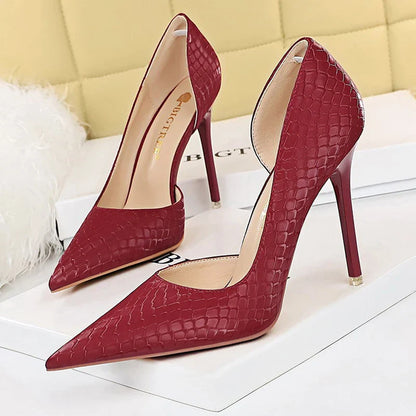 aichashi  -   Shoes Claret Women Pumps Snake Pattern High Heels Luxury Banquet Shoes Stiletto Heels Sexy Party Shoes Large Size 42 43