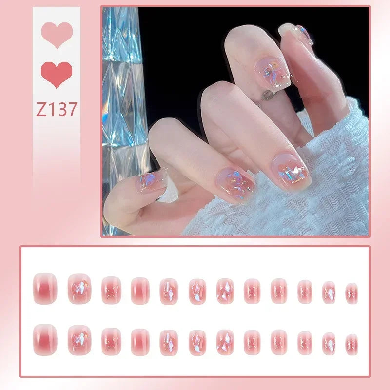 Aichashi 24pcs/box Fake Nails Press on Reusable with Designs Set French Artificial Aurora Diamond False Tipsy Stick-on Nails Tips Art