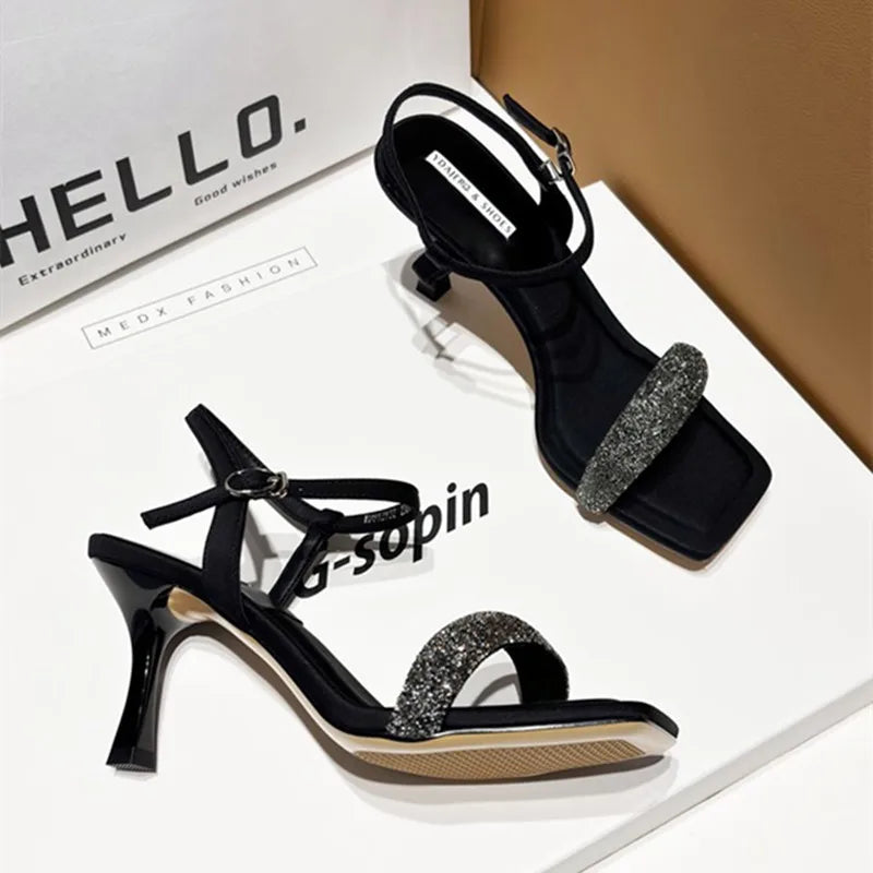 aichashi  -  Sexy Square Toe Thin Heeled Sandals Women Summer Fashion Rhinestone Letter Design Pumps Women Cross Strap Black High Heels