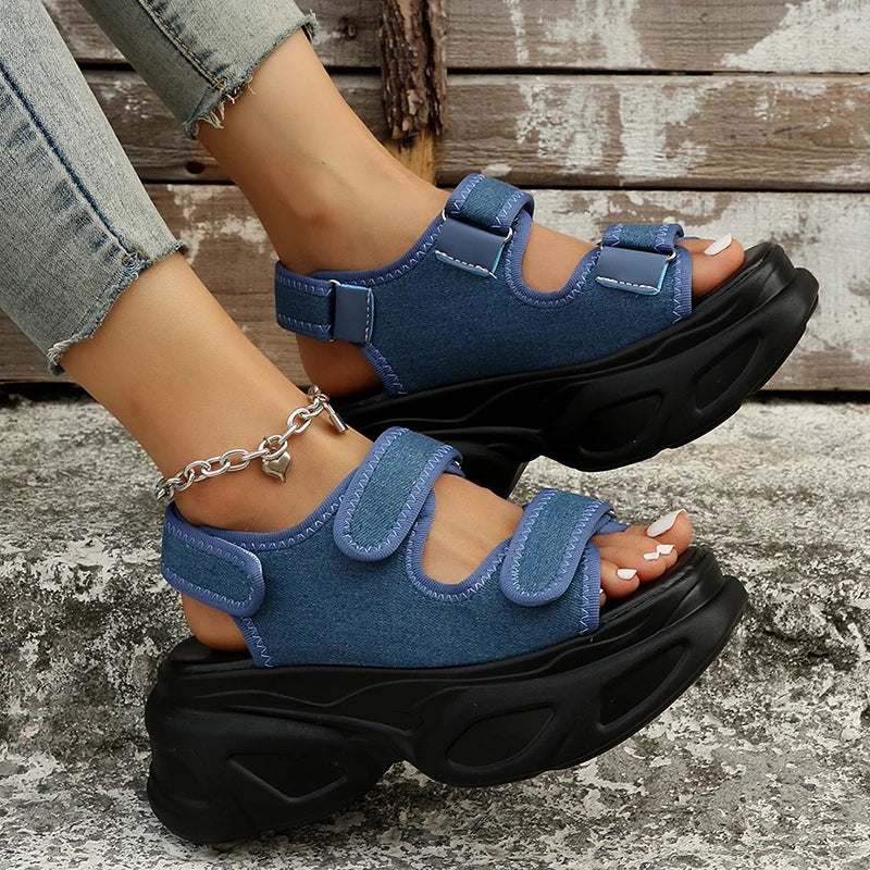 aichashi Blue Denim Chunky Platform Sandals Women Summer Plus Size Wedge Sandals Woman Gothic Hook Loop Thick Bottom Sandalias Mujer