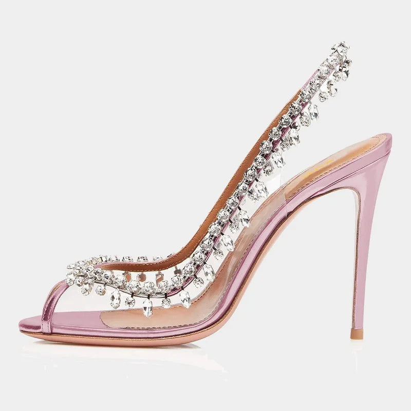 aichashi  -  Silver Pink PVC Clear Heeled Sandals Women Pumps Sexy Rhinestones Thin High Heels Shoes Pointed Toes Party Nightclub Sandals