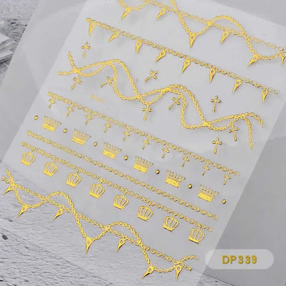 1 Sheet Gold Metal Chains Nail Stickers Mix Wave Heart Bow 3d Golden Metallic Adhesive Sticker DIY Manicure Nail Art Decorations