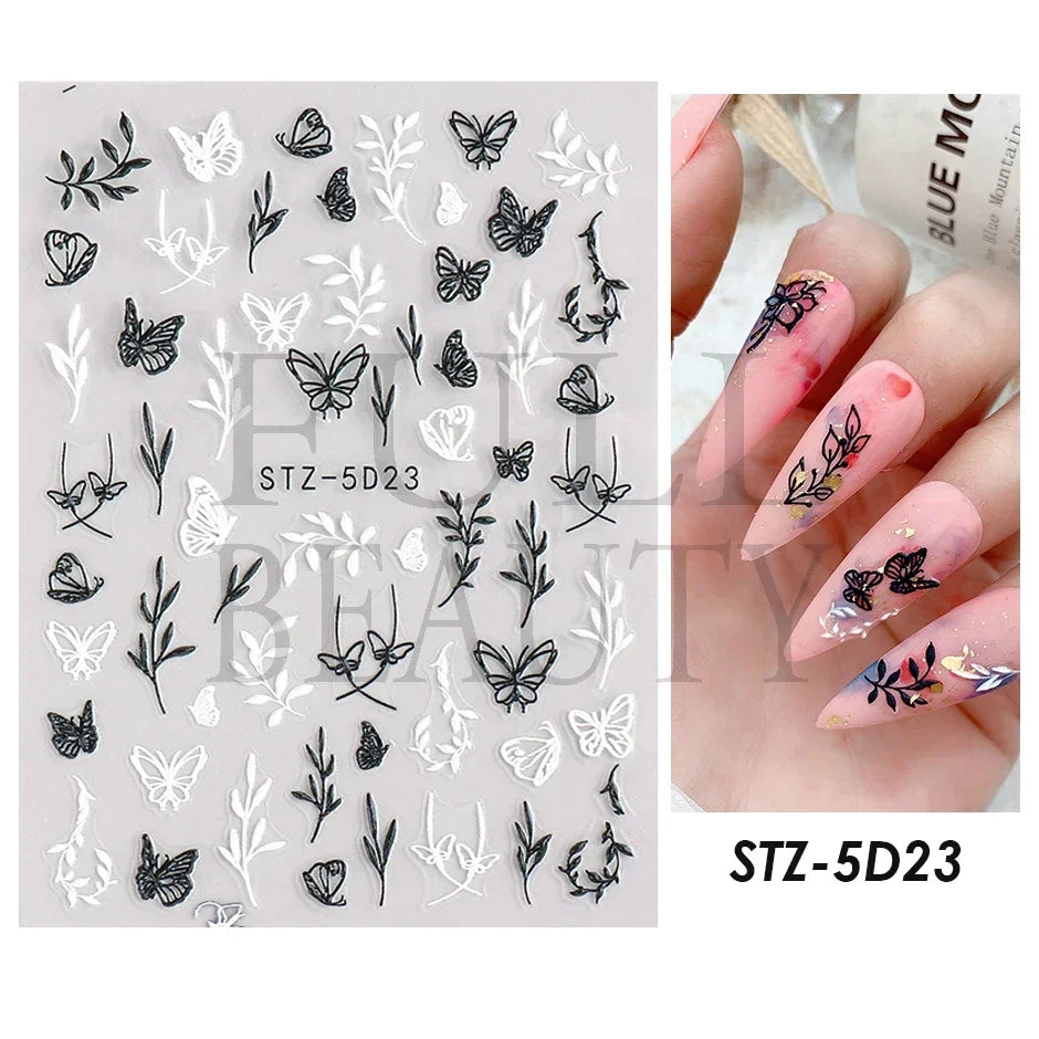 Aichashi 5D Embossed Filigree Stickers Nail Design Brown White Lace Necklace Adhesive Nail Decals Star Moon Carved Decor Sliders SASW-5D