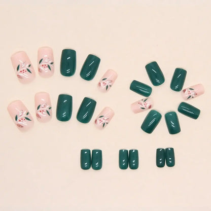 Aichashi 24pcs Long Square False Nails French Green Garden Butterfly Fake Nails Full Cover Press on Nails Nail Tips