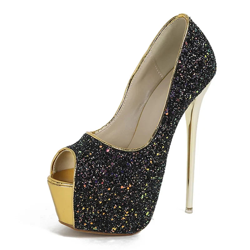 aichashi  -  Fashion Sexy Platform Peep Toe Thin Heels Pumps Women Sequined Cloth Super High Heels Party Nightclub Zapatos Mules