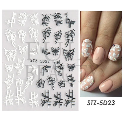 Aichashi 5D Embossed Filigree Stickers Nail Design Brown White Lace Necklace Adhesive Nail Decals Star Moon Carved Decor Sliders SASW-5D