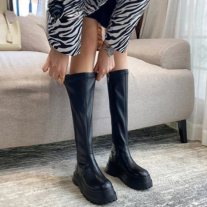 aichashi  -  Winter Chunky Platform Heels Long Boots Round Toe Zipper Thick Sole Ladies Fashion Winter Women's Knee High Platform Boots