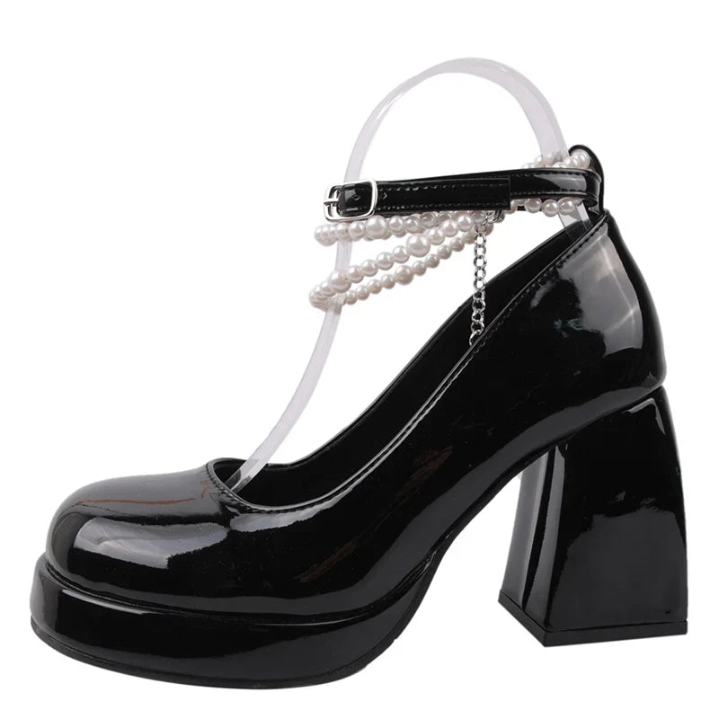 aichashi  - Vintage High Heels Mary Jane Shoes for Women Patent Leather Platform Pumps Woman Pearls Chain Thick-Heeled Shoes Female