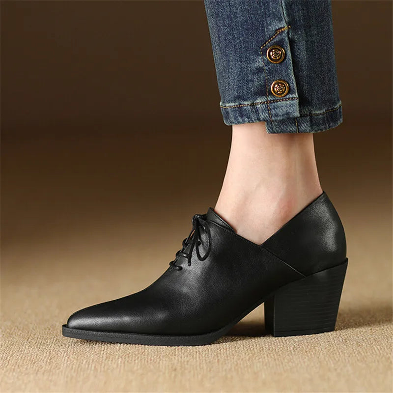 Aichashi New Spring Genuine Leather Women Shoes Pointed Toe Women Pumps Fashion High Heel Loafers Shoes for Women Chunky Heel Shoes Black