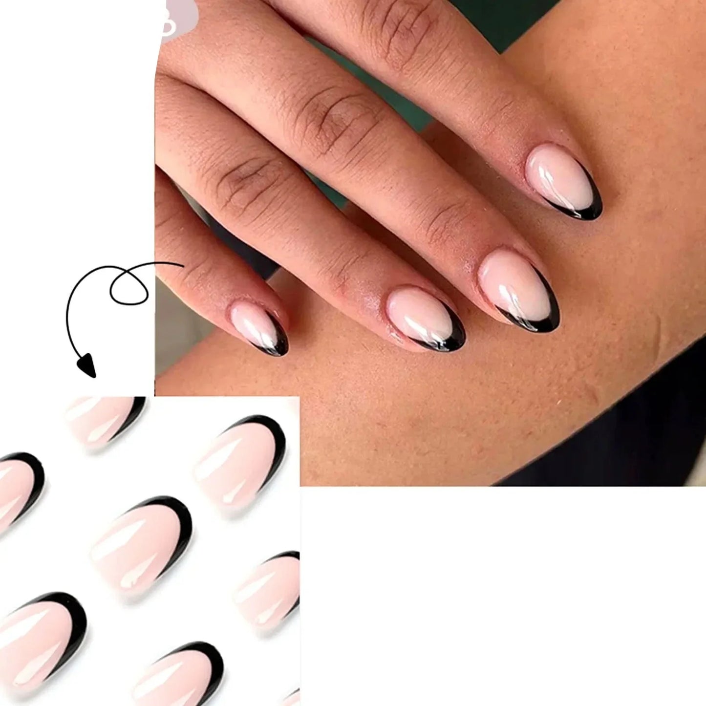 Aichashi French Oval False Nails for Girls 24pcs Black Edge Design Nude Color Wearable Press on Nail Tips Full Cover Short Acrylic Nails