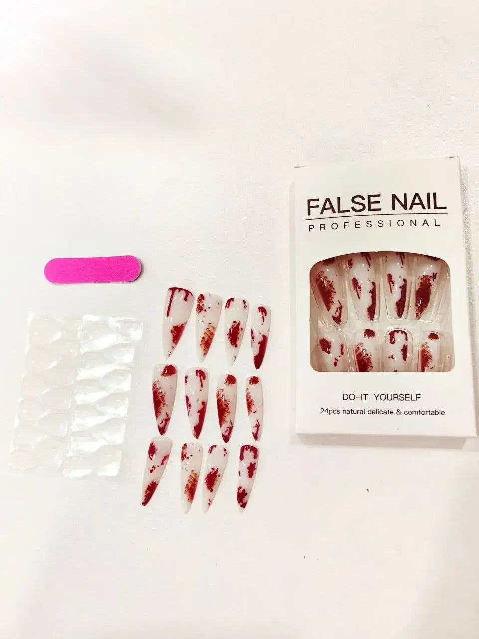 Aichashi 24PCS New Stiletto Fake Nails for Women Girls Blood Designs French Press on Nails Wearable Full Cover Red False Nails for Party