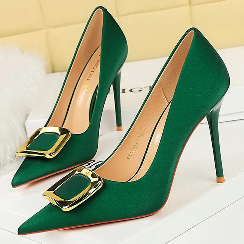 aichashi  -  Shoes Metal Buckle High Heels Women Shoes Silks Satins Pointed Toe Women Pumps Stilettos Fashion Office Shoes 10 Colors