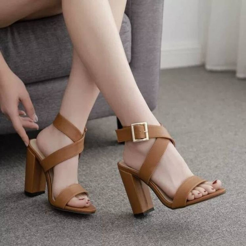 Aichashi Large Size Women's Shoes Sexy Cross Strap One Line Buckle Chunky Heels All-match Open Toe Roman Sandals Comfortable  Heels Women