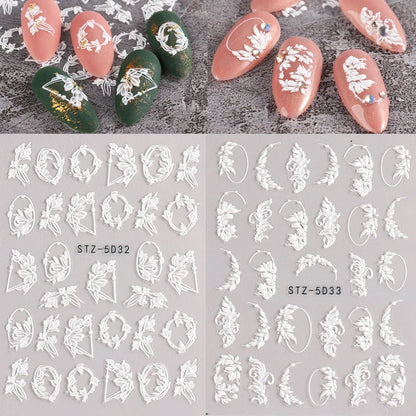 2Pcs 5D Acrylic Lace Flowers Nail Stickers Decals White Wedding Design Simple Floral Embossed Sliders DIY Nails Accesories