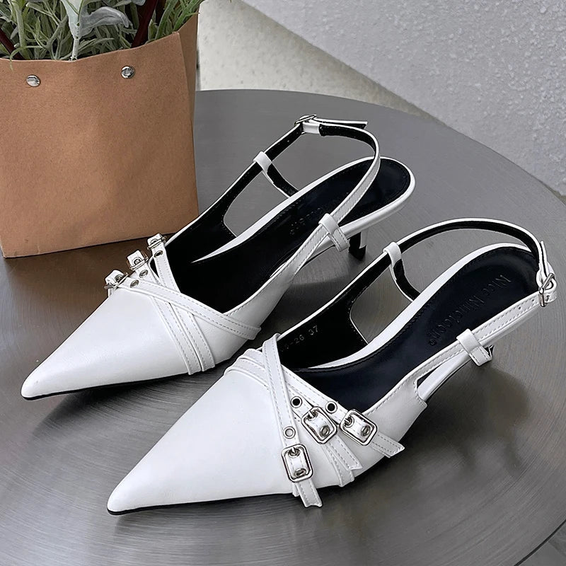 aichashi  -  Female Shallow Footwear New In  Ladies Medium Heels Shoes Slingbacks Fashion Metal Buckle Pumps Elegant Women Heeled Shoes