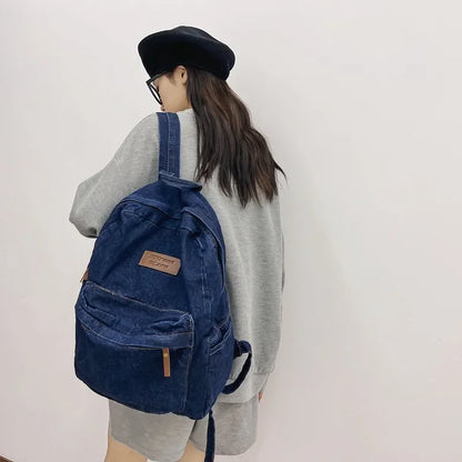 Aichashi BACK TO SCHOOL New Denim Men's and Women's Shoulder Bag Fashion Pleated Washed Student Backpack Casual Backpack