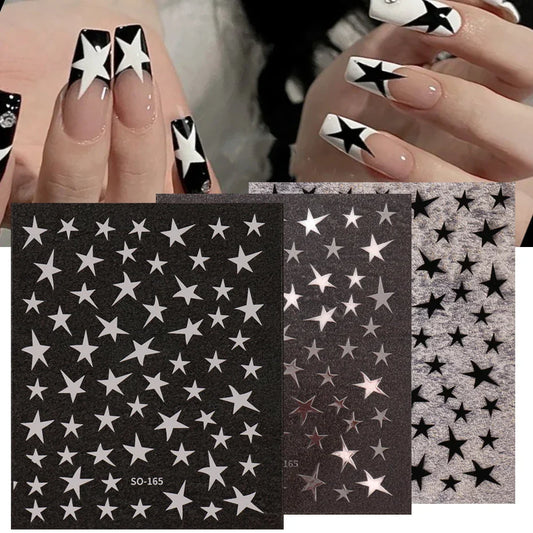 3pcs White Black Stars Nails Stickers Irregular Pentagram Decals Pink Laser Shiny Glitters Starlight Manicure Ornaments Sliders