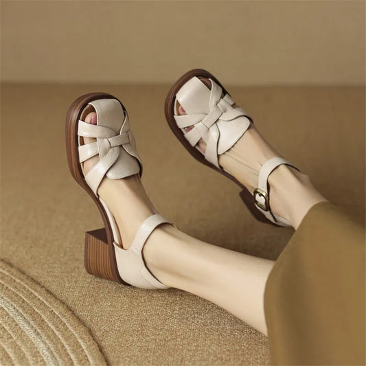 Aichashi New Summer Sandals Cow Leather Luxury Roman Sandals Casual Buckle Strap Summer Shoes GLADIATOR Thick Heel Women High Heels