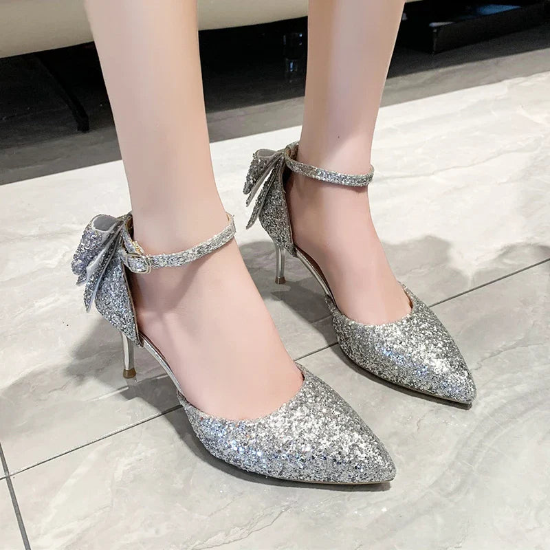 aichashi Luxury Silver Sequin High Heels Wedding Shoes Women Autumn Crystal Bowtie Ankle Straps Bridal Shoes Woman Thin Heeled Pumps