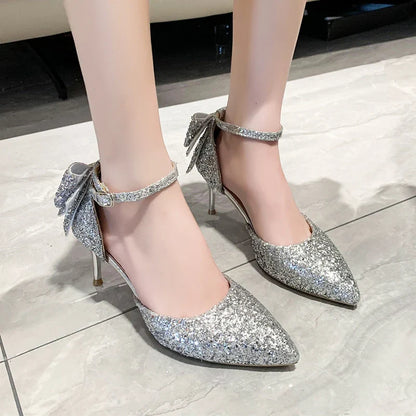 Aichashi Luxury Silver Sequin High Heels Wedding Shoes Women Autumn Crystal Bowtie Ankle Straps Bridal Shoes Woman Thin Heeled Pumps