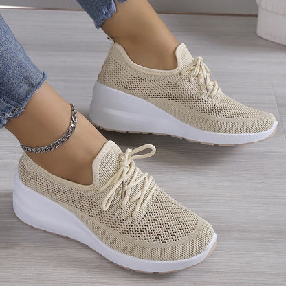 Aichashi 2024 Spring Breathable Wedge Sneakers Women Mesh Knitted Platform Sports Shoes Woman Casual Non-Slip Lace Up Tennis Shoes Ladies